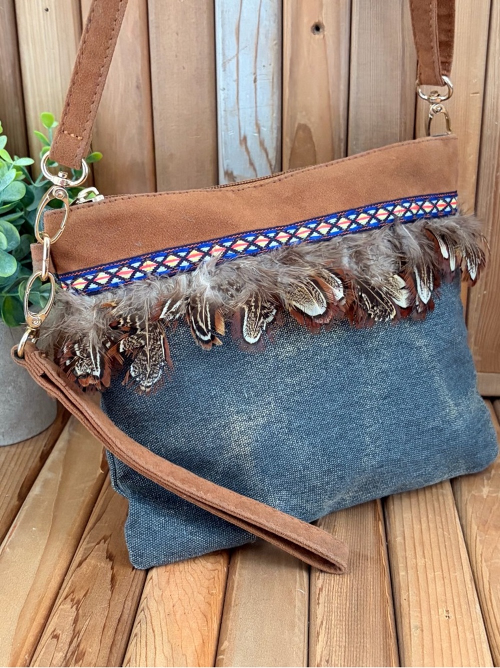 Boho Feather Crossbody Bag Indie Festival Canvas Suede Wristlet Rustic Chic